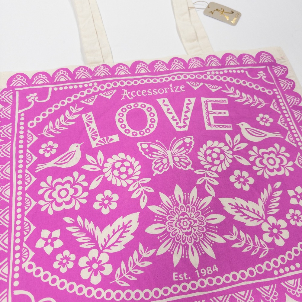 NWT Accessorize Pink Love Folk Floral Cotton Tote Bag Reusable Shopper Boho